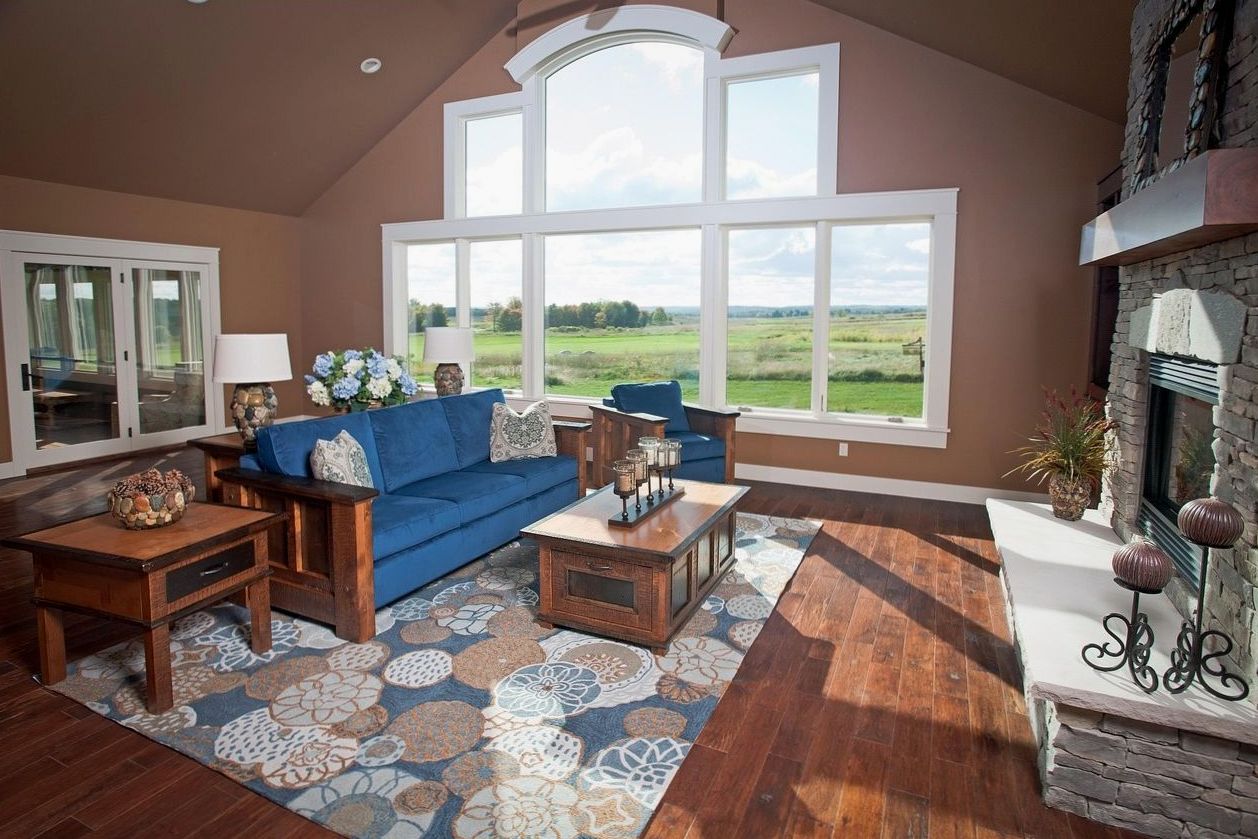 Velvet sectional sofa in navy living room